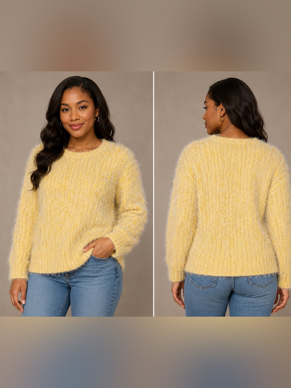 Missguided Yellow Fuzzy Eyelash Knit Sweater Women’s M/L Crew Neck Soft Chunky
